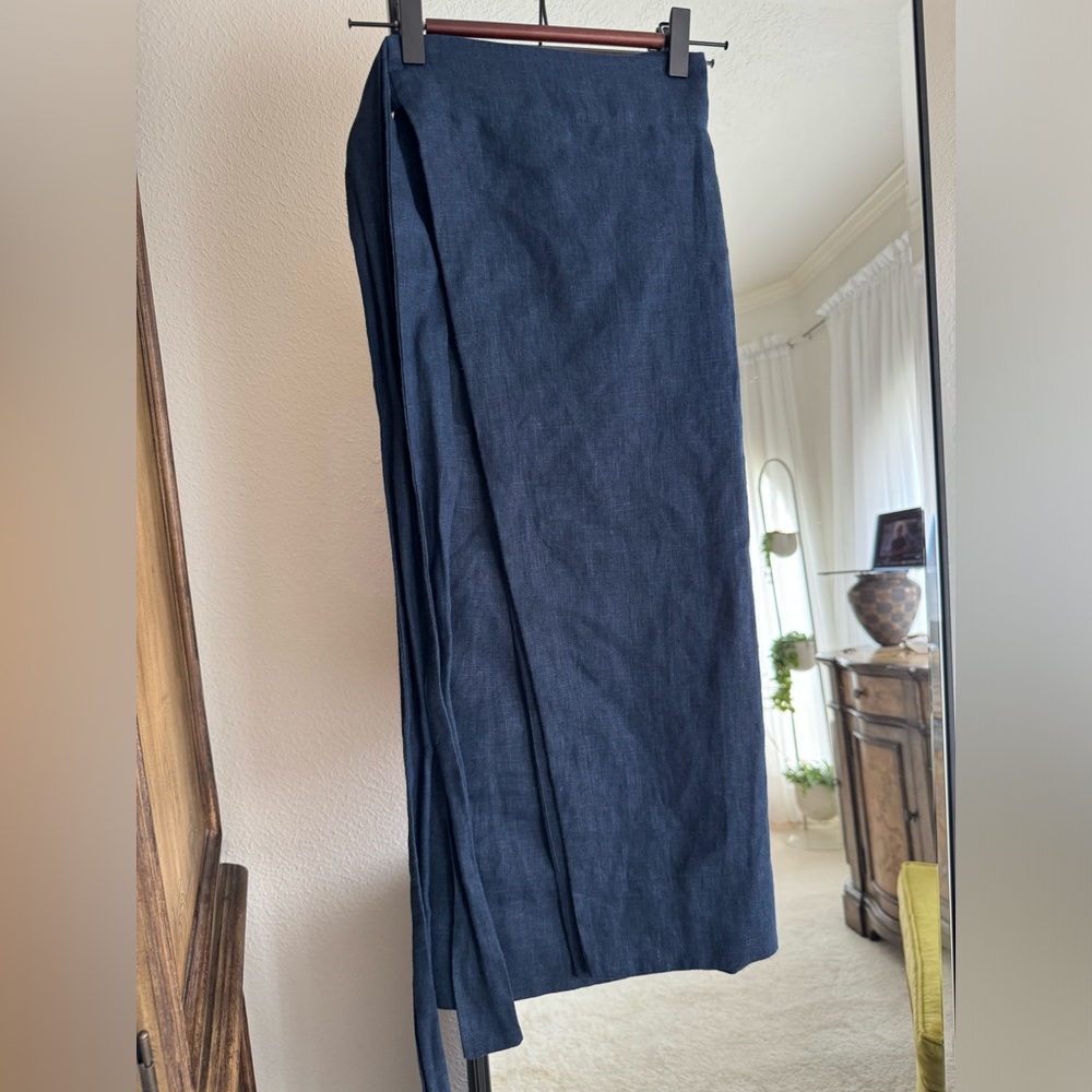 Zii Ropa Wrap Heavyweight Linen Skirt Blue Knee Length